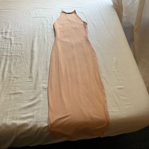 Oh Polly peach pink knit bodycon sleeveless lace up back midi dress